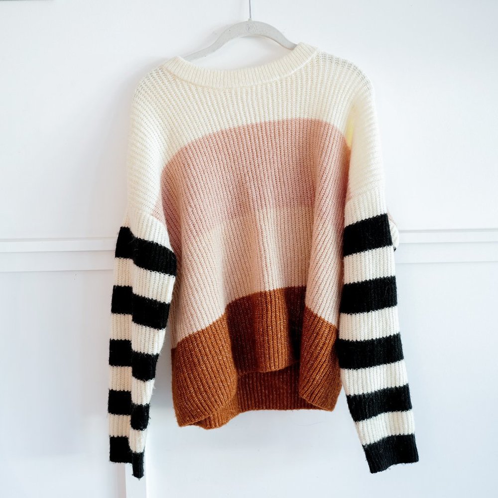 Urban Outfitters Colorblock Crewneck Sweater - Cream, Pink, Brown, Black